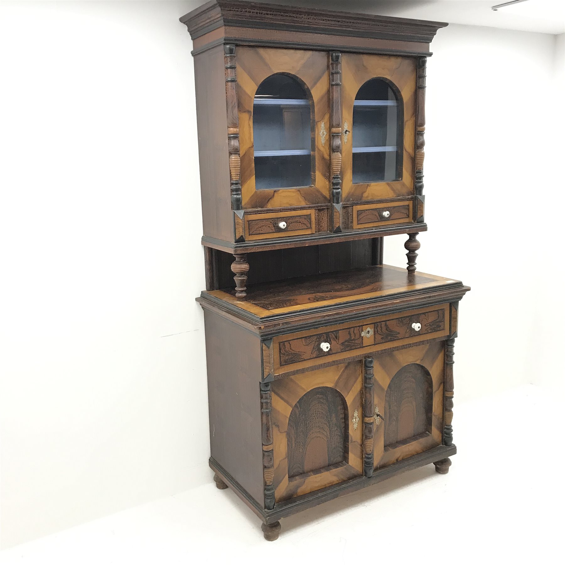 19th century scumbled pine continental side cabinet, shaped cresting rail, two glazed cupboards encl - Image 2 of 3