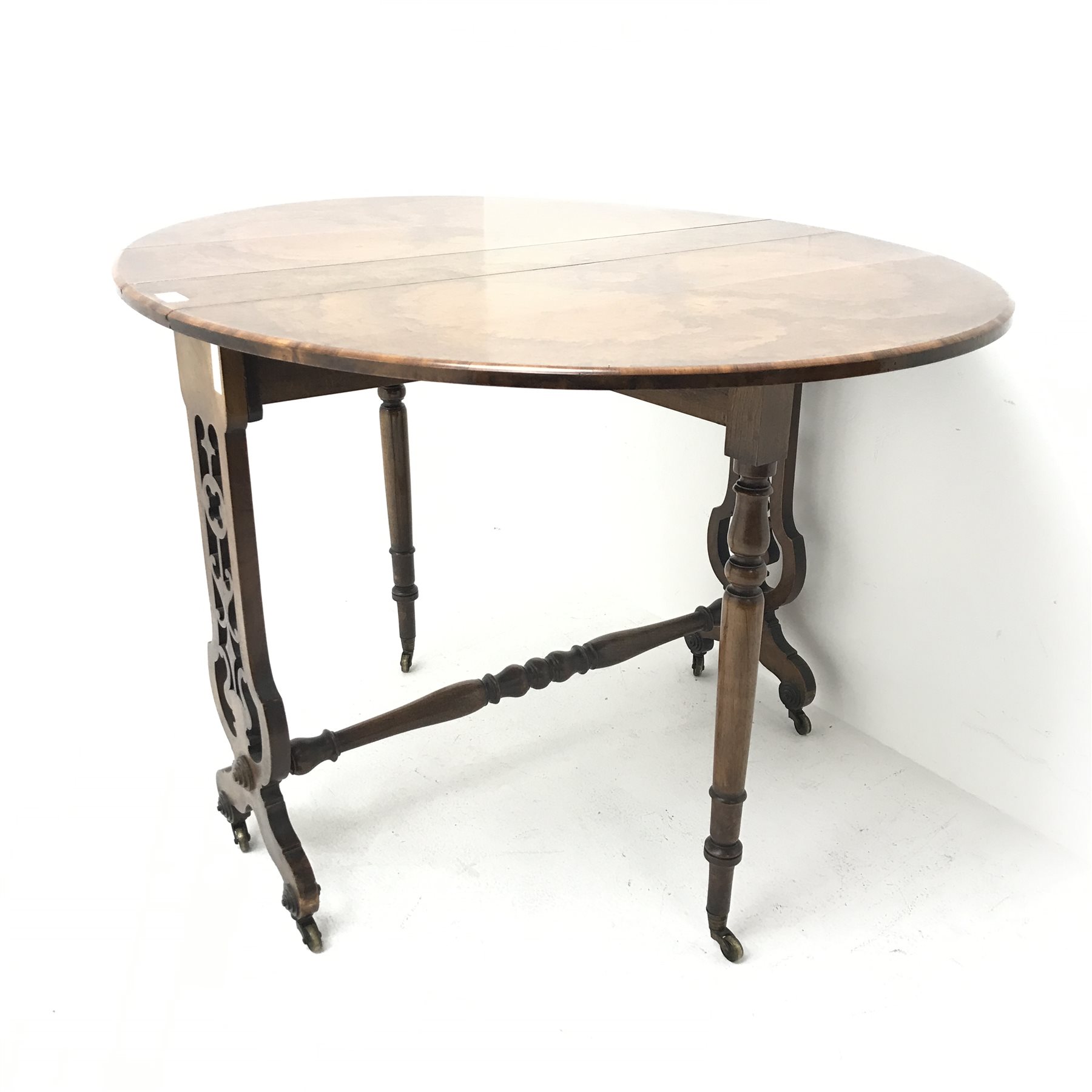 19th century walnut drop leaf table, moulded top, carved and pierced supports, W112cm, H72cm, D91cm - Image 2 of 5