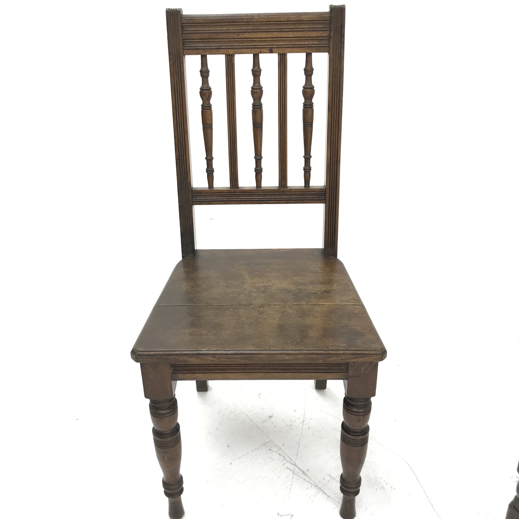 Victorian oak hall chair, carved cresting rail, solid seat (W49cm) and another similar chair (2) - Image 4 of 4