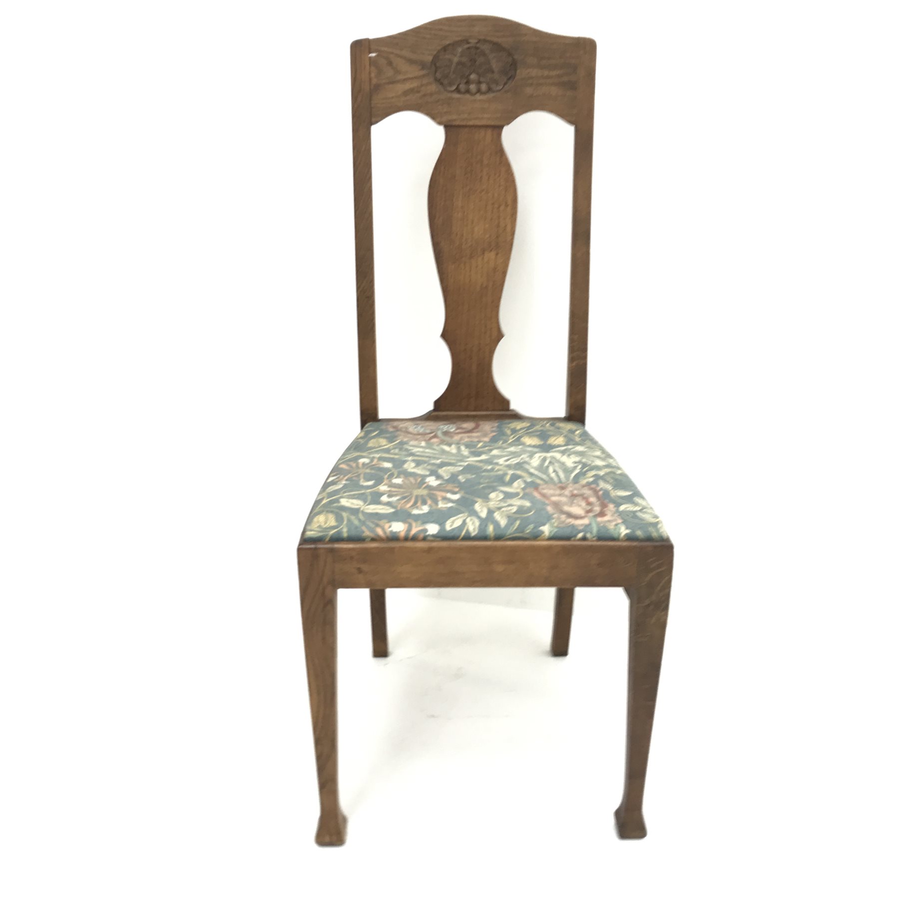 Arts & Crafts oak chair, carved cresting rail, shaped splat, upholstered seat, tapering supports, W4 - Image 2 of 3