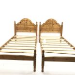 Pair pine framed 3' single beds, W91cm, H107cm, L200cm