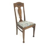 Arts & Crafts oak chair, carved cresting rail, shaped splat, upholstered seat, tapering supports, W4