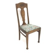 Arts & Crafts oak chair, carved cresting rail, shaped splat, upholstered seat, tapering supports, W4