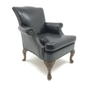 Georgian style armchair, shaped cresting rail, scrolling arms, carved cabriole suports, upholstered