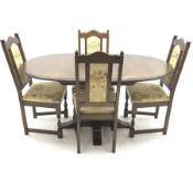 Medium oak oval extending dining table, turned pedestal base on four sledge supports (W153cm, H77cm,