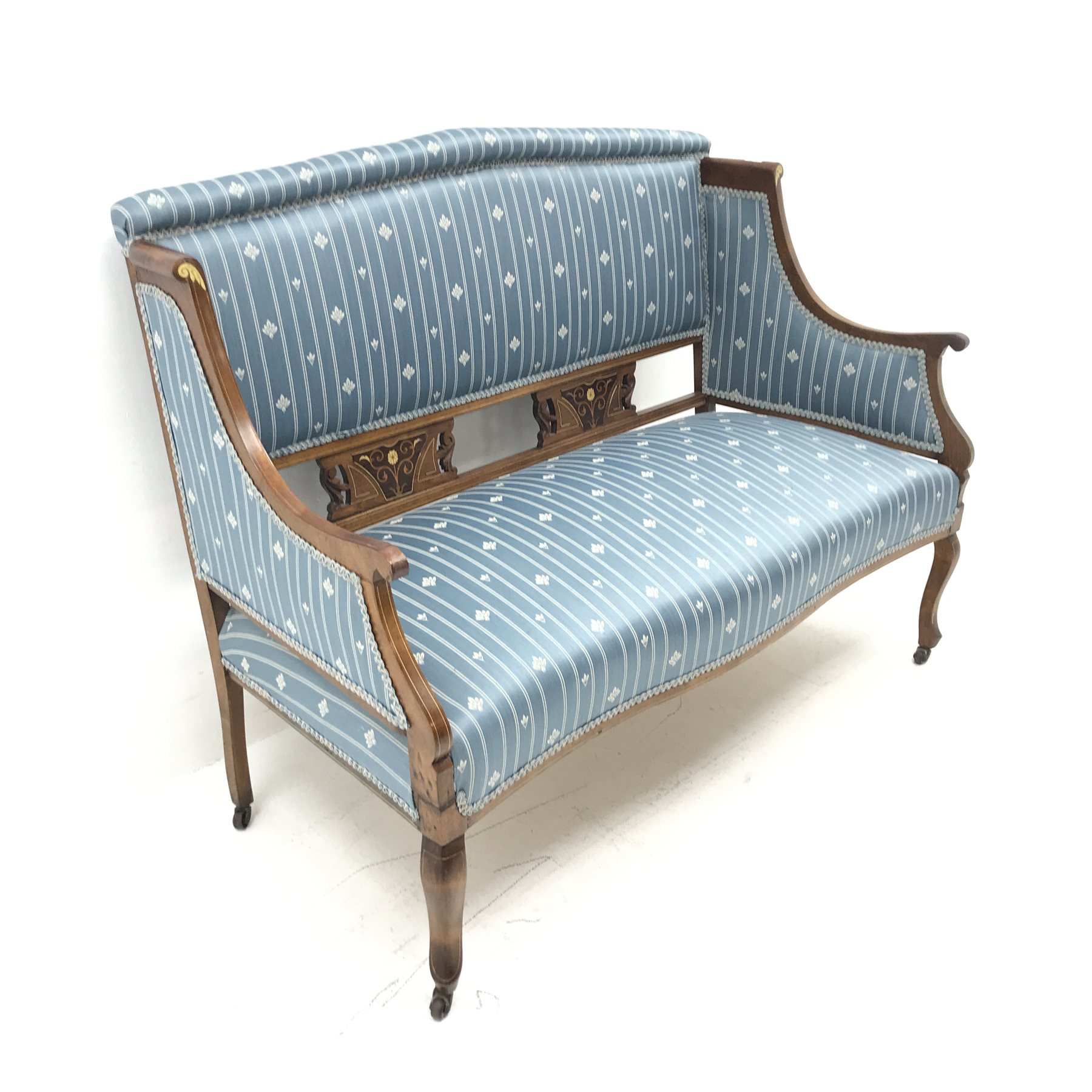 Edwardian inlaid mahogany framed two seat sofa, upholstered in a blue striped fabric, scrolled arms,