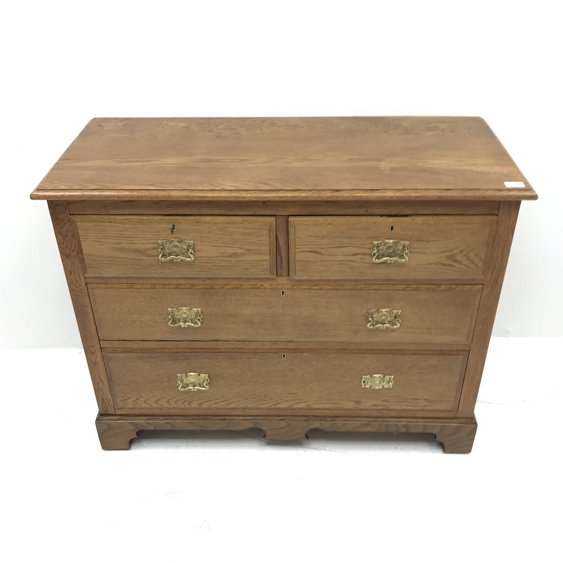 Edwardian oak chest, moulded top, two short and two long drawers, shaped plinth base, W107cm, H82cm, - Image 2 of 4