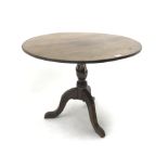 19th century mahogany tilt top occasional table, single turned column on three shaped supports, D90c