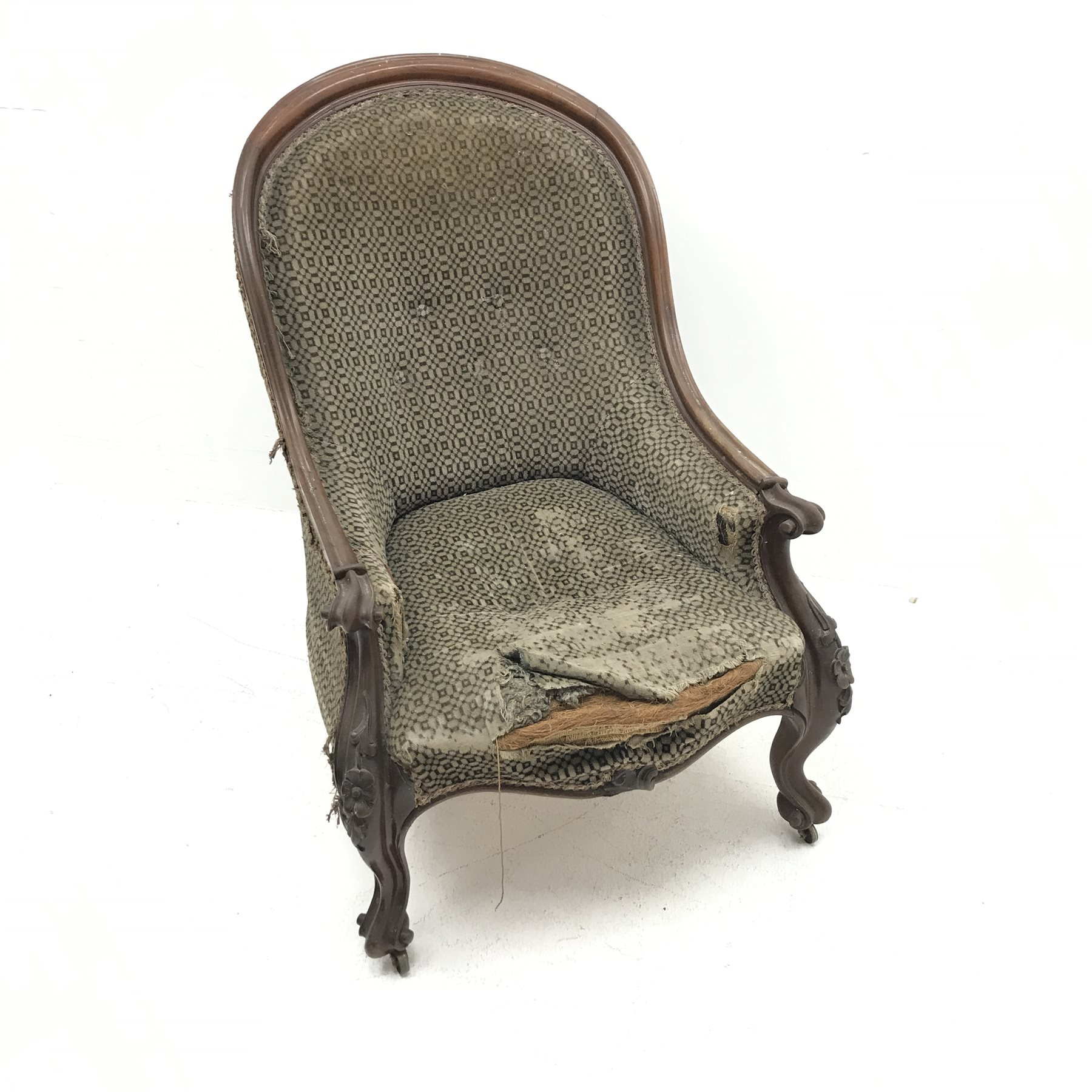 Victorian mahogany framed spoon back armchair, upholstered in a beige ground fabric, floral carved c - Image 2 of 4