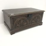 19th century oak bible box, hinged lid, carved front panel, shaped bracket supports, W69cm, H30cm, D