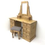 Pine twin pedestal dressing table, eight drawers, plinth base (W130cm, H80cm, D51cm) a dressing mirr