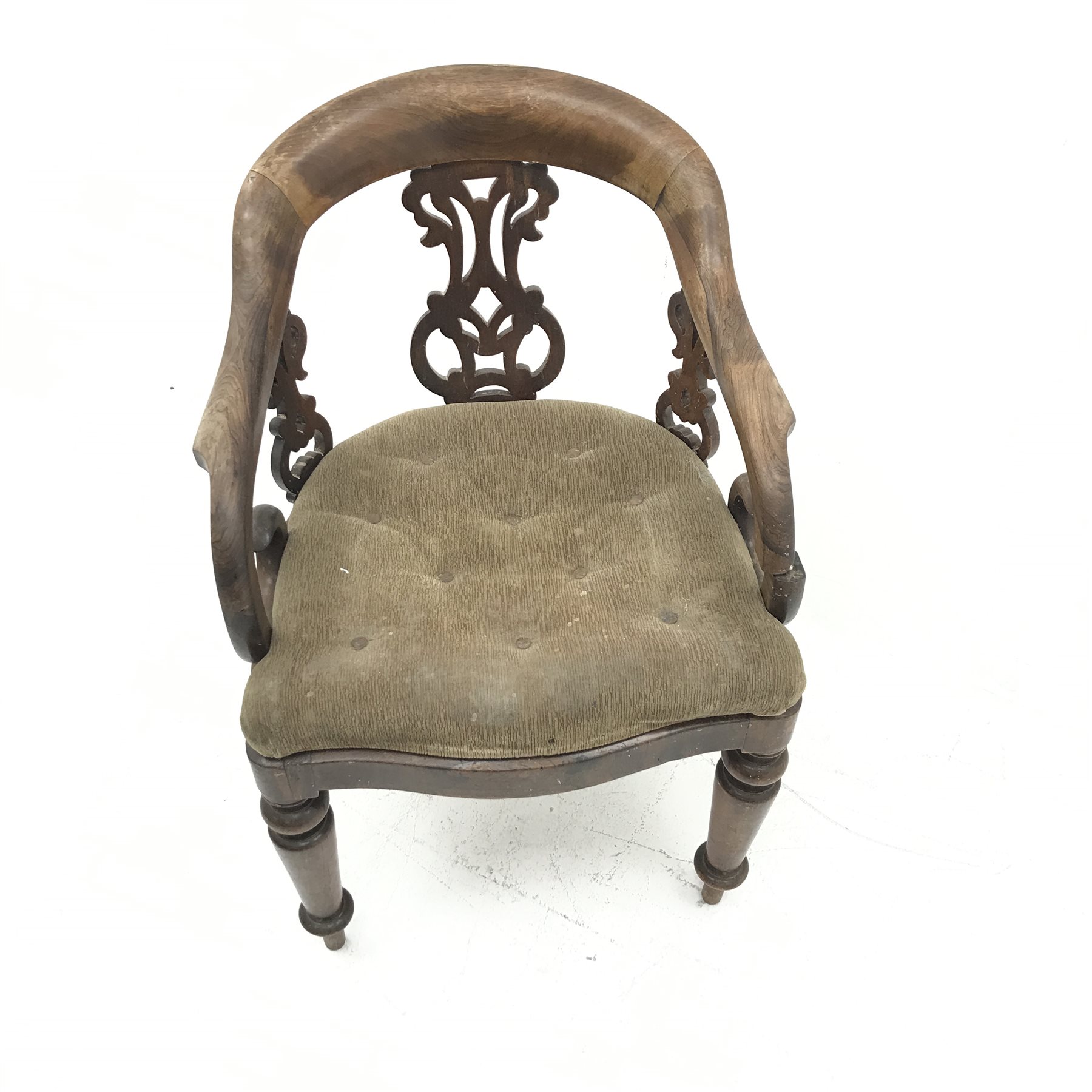 Victorian mahogany framed tub shaped desk chair, upholstered seat, turned supports, W57cm - Image 2 of 4