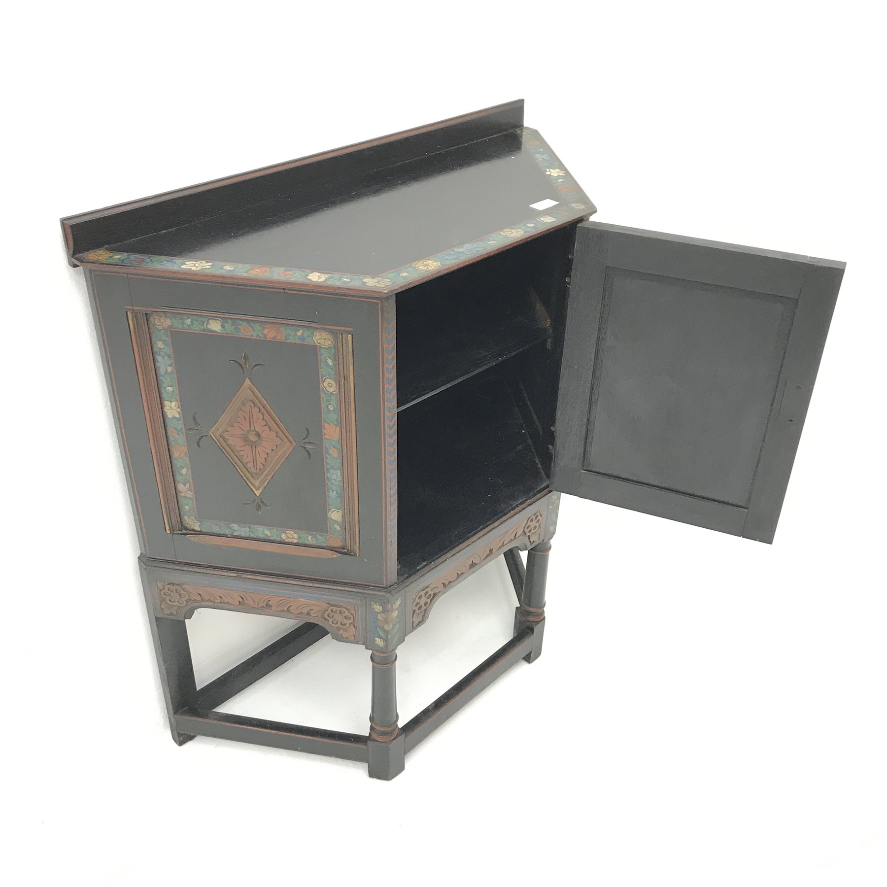 Early 20th century credence cupboard, painted black finish, carved panels, turned supports joined by - Image 2 of 3