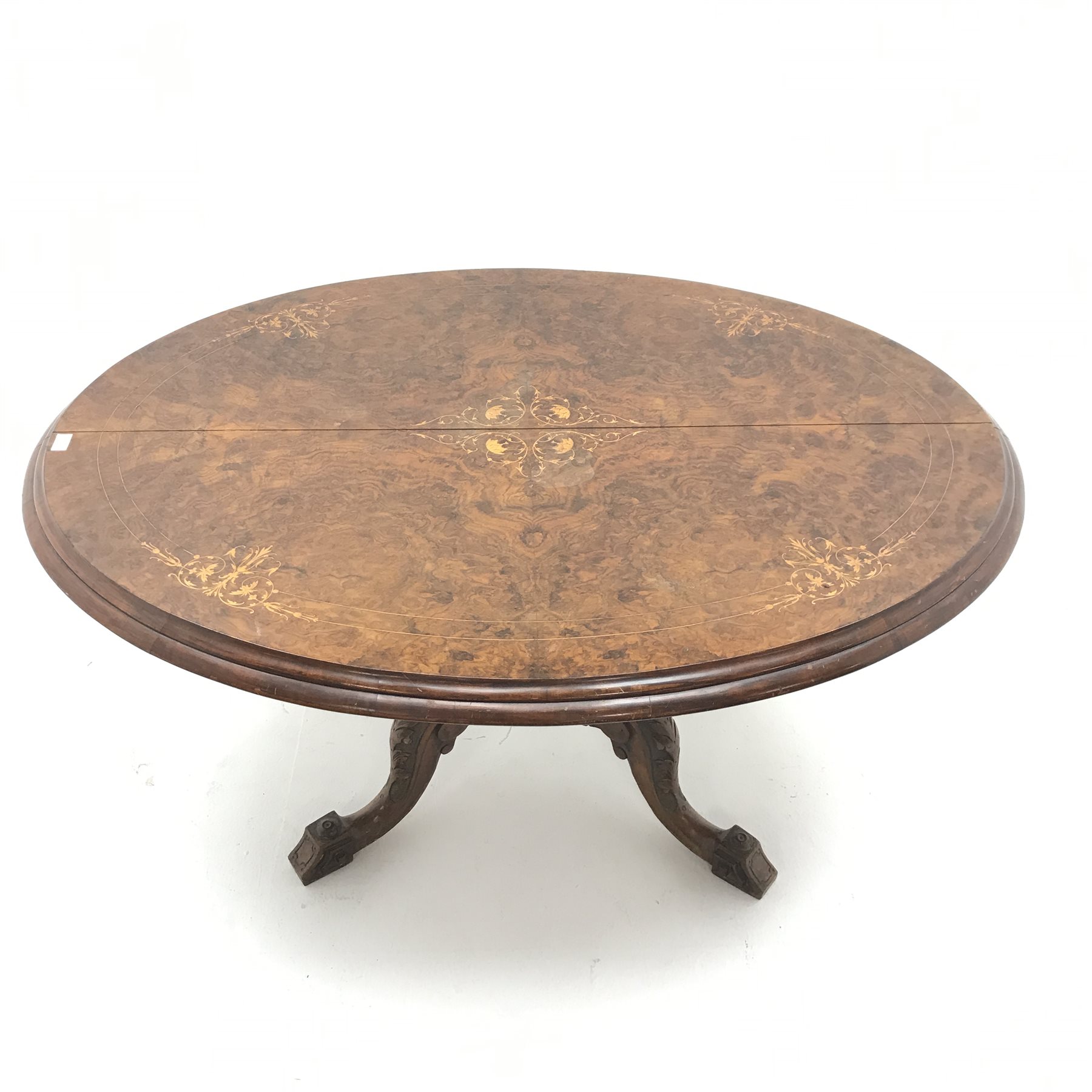 Victorian inlaid oval tilt top table, quadruple turned support with central finial on four acanthus - Image 2 of 6