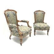 Victorian walnut framed and inlaid ladies and gents spoon back salon chairs, shaped cresting rail, u