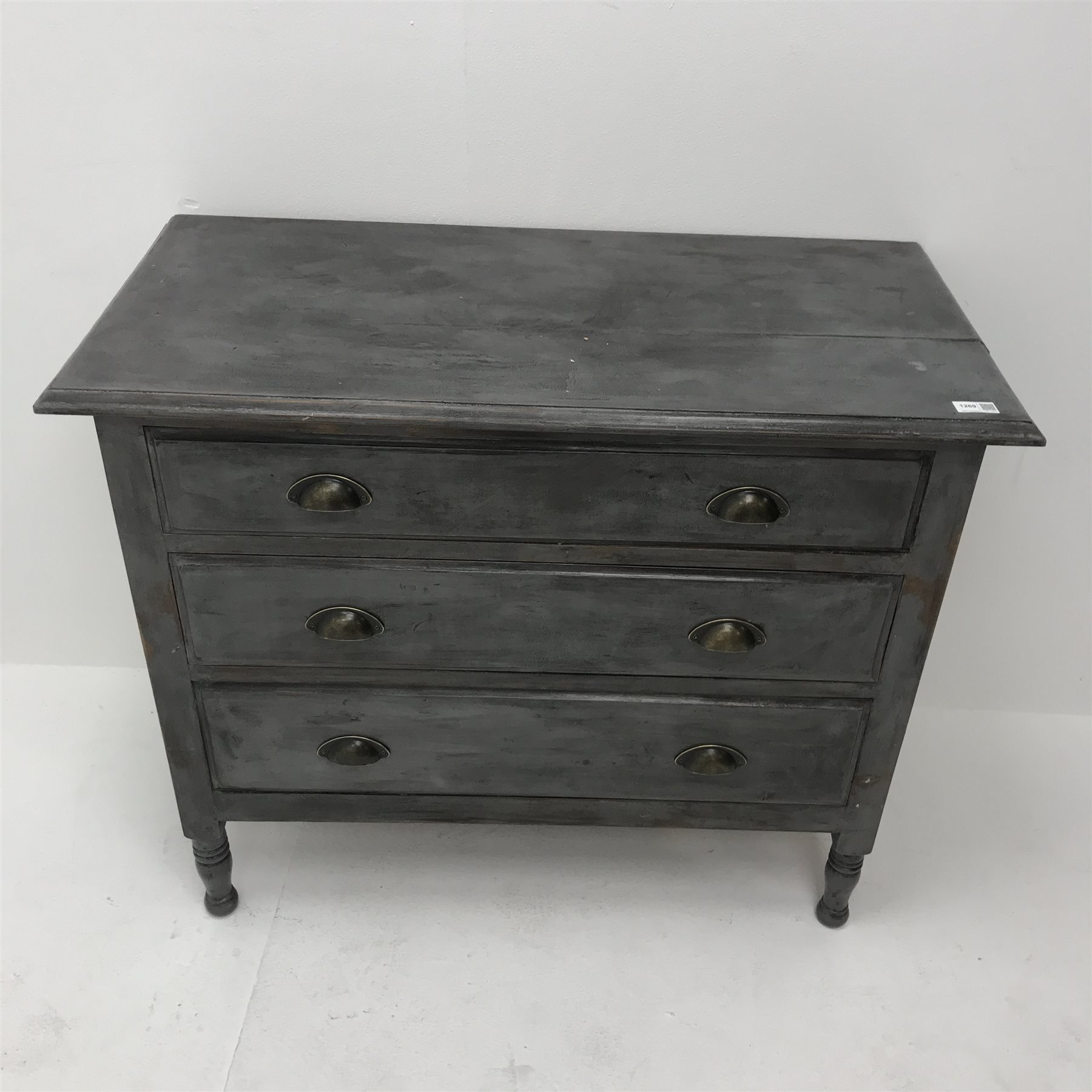 Early 20th century painted chest, three drawers, turned supports, W91cm, H76cm, D45cm - Image 2 of 3