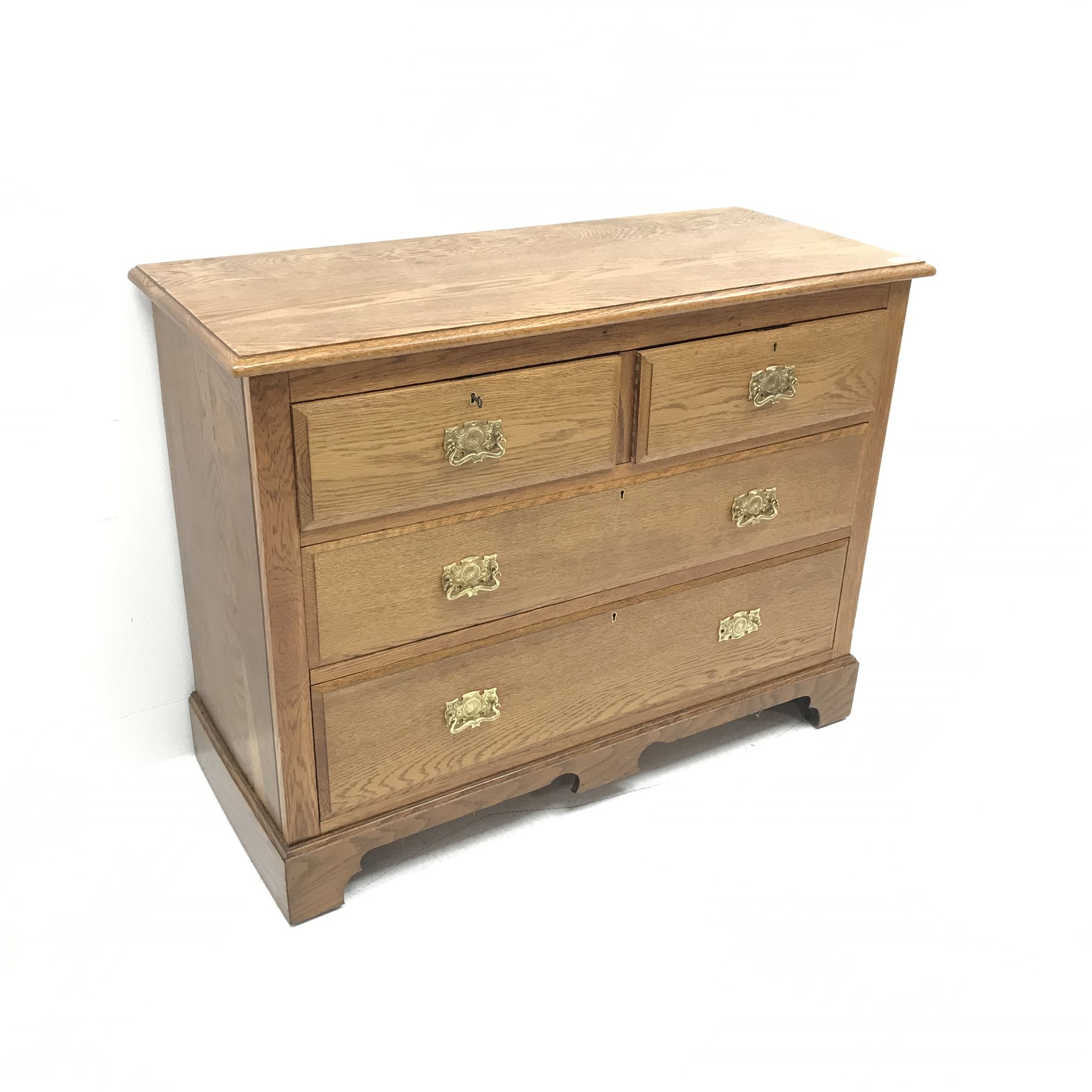 Edwardian oak chest, moulded top, two short and two long drawers, shaped plinth base, W107cm, H82cm, - Image 3 of 4