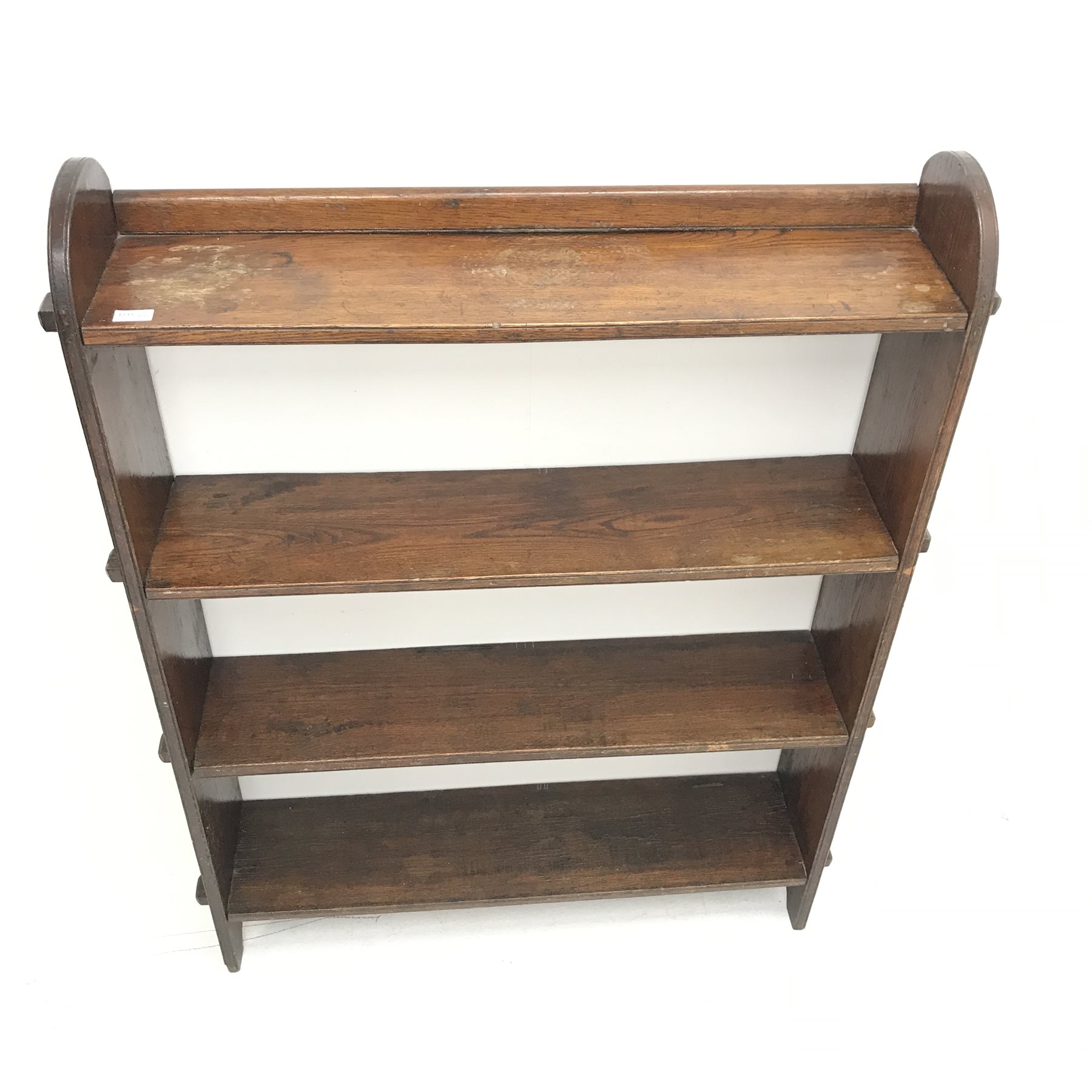 Early 20th century oak open bookcase, four pegged shelves, W104cm, H131cm, D23cm - Image 3 of 3