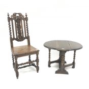 Victorian oak heavily carved hall chair, barley twist supports, solid seat (W46cm) and a small oak d