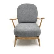 Ercol WIndsor beech easy armchair, recently restored with new grey tweed upholstery, cushions and we