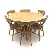 Solid circular pine table, turned column on three supports (D128cm, H76cm) and set six beech farmhou