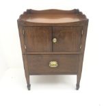 George III inlaid mahogany nightstand, raised shaped back, two cupboard doors above single drawer, s