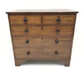 George III mahogany ebony inlaid and cross banded top, two short and three long drawers, turned maho