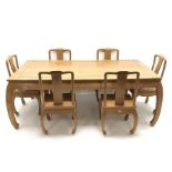 Eastern hardwood rectangular dining table, shaped supports (W217cm, H80cm, D119cm) and set six dinin
