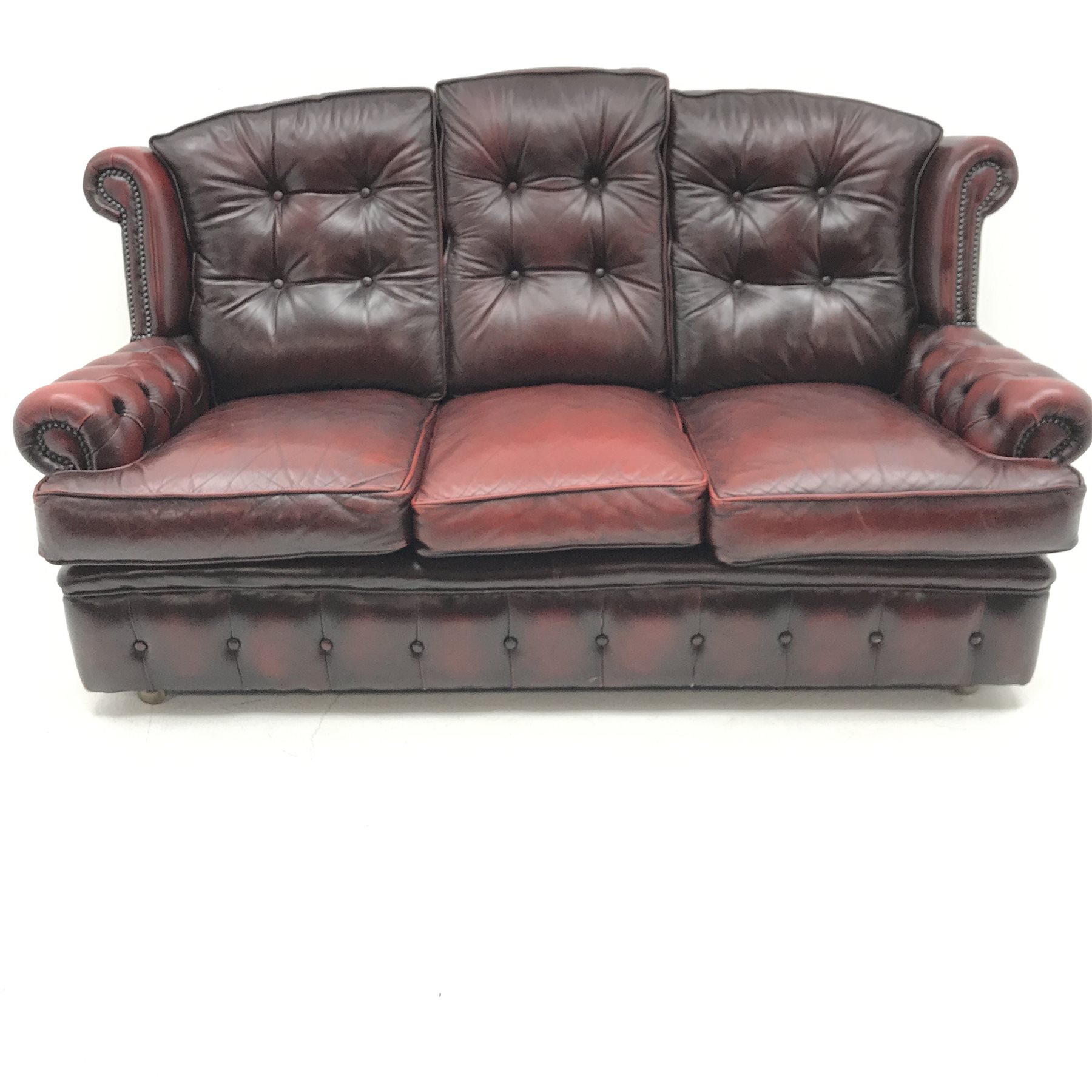 Georgian style three seat sofa upholstered in deep buttoned vintage red leather (W175cm) and pair of - Image 6 of 10