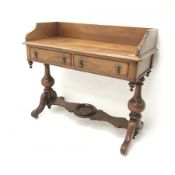 Victorian mahogany washstand, raised shaped back, two drawers, turned supports joined by single stre