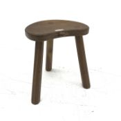 'Mouseman' oak three legged stool, dished adzed seat by Robert Thompson of Kilburn, H35cm, W31cm