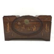 Early 20th century camphor wood chest, shaped hinged lid, maritime carvings, W105cm, H58cm, D53cm