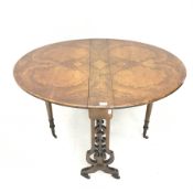 19th century walnut drop leaf table, moulded top, carved and pierced supports, W112cm, H72cm, D91cm