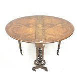 19th century walnut drop leaf table, moulded top, carved and pierced supports, W112cm, H72cm, D91cm