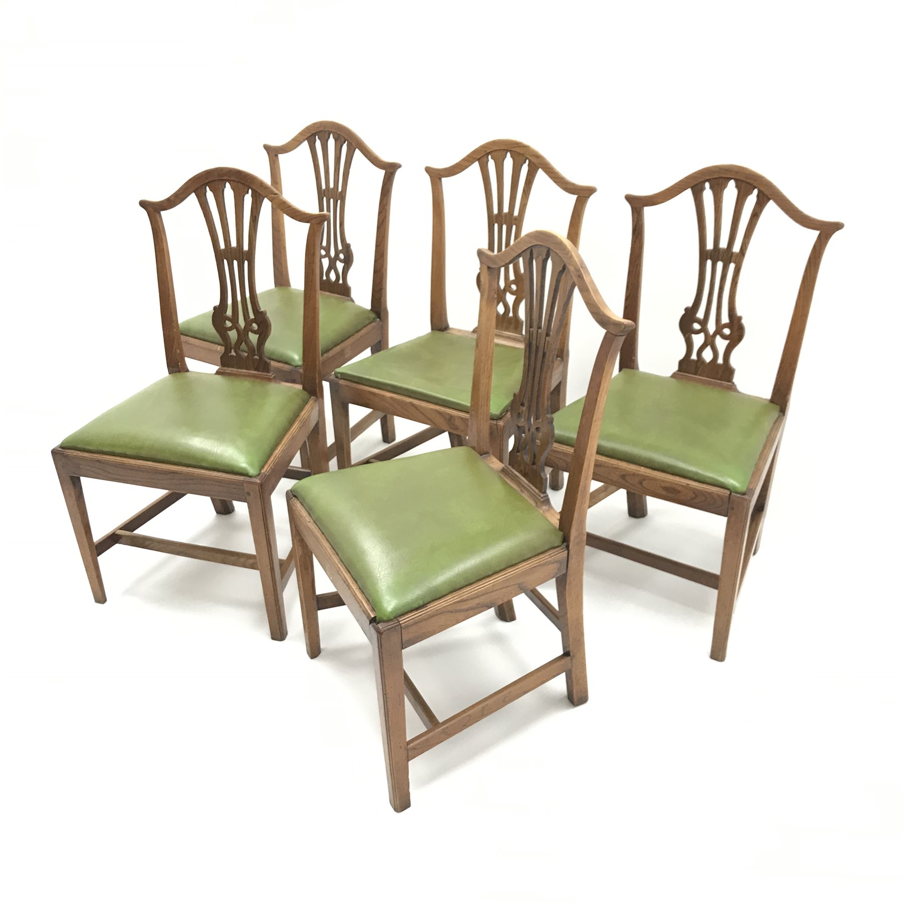 Set five Hepplewhite style country elm chairs, upholstered drop in seat, square tapering supports, W - Image 3 of 5