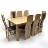 Rectangular oak dining table, square supports (W181cm, H75cm, D91cm) and set eight dining chairs, le