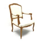 French style beech framed armchair, carved and shaped cresting rail, upholstered back, seat and arms