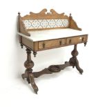Victorian mahogany washstand, raised shaped back, marble top, two drawers, turned supports joined by
