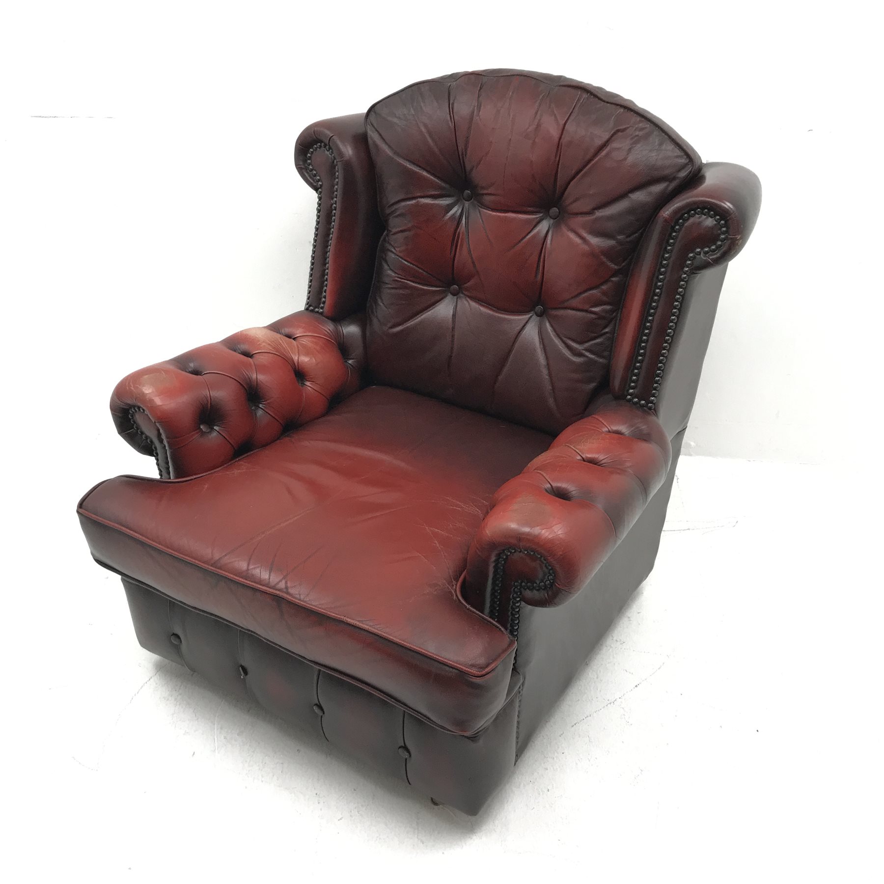 Georgian style three seat sofa upholstered in deep buttoned vintage red leather (W175cm) and pair of - Image 8 of 10