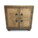 Leather bound map cabinet, two doors enclosing single shelf, turned supports, W61cm, H62cm, D42cm
