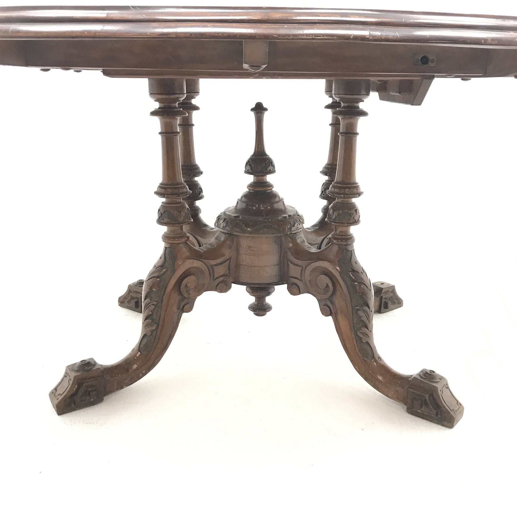 Victorian inlaid oval tilt top table, quadruple turned support with central finial on four acanthus - Image 4 of 6