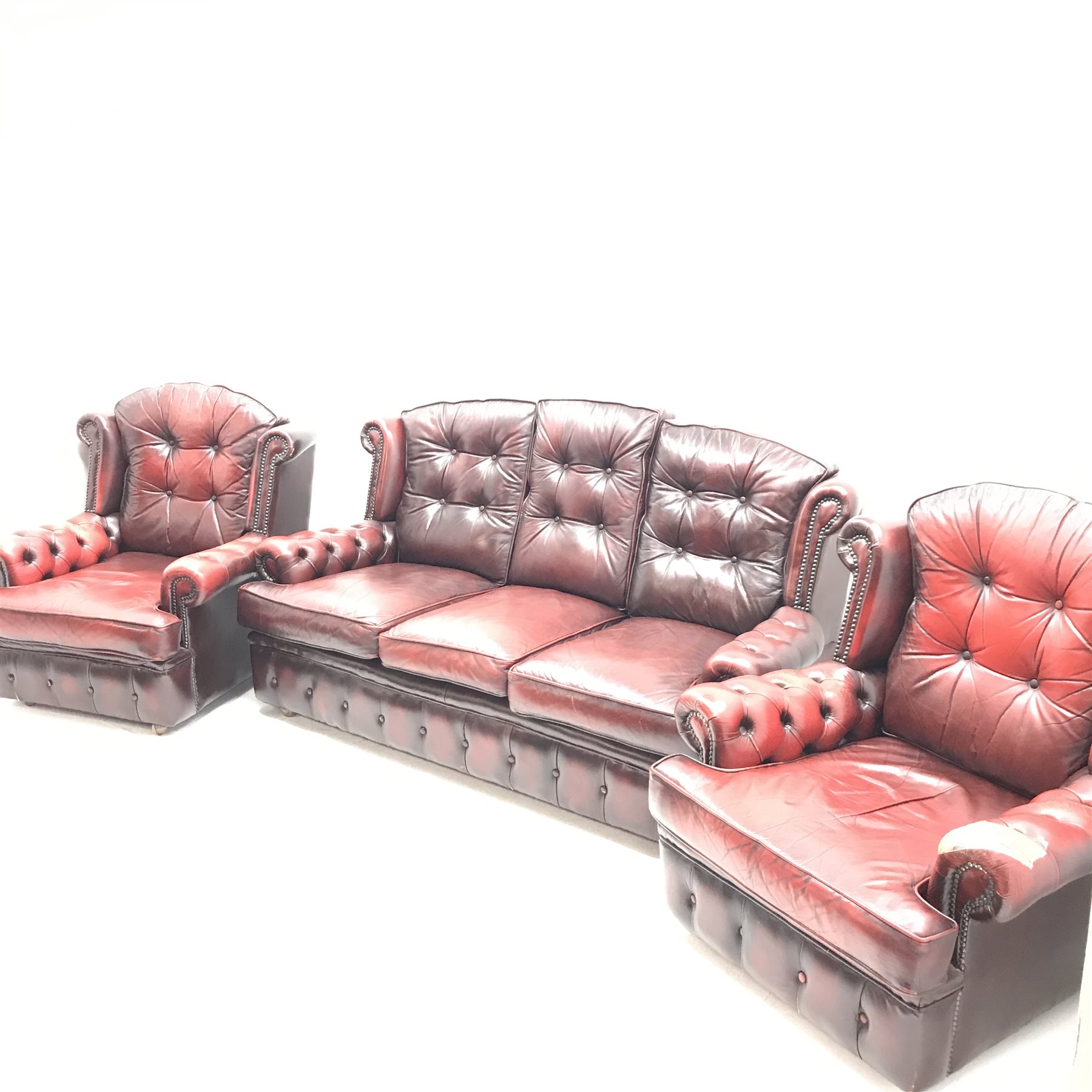 Georgian style three seat sofa upholstered in deep buttoned vintage red leather (W175cm) and pair of - Image 2 of 10