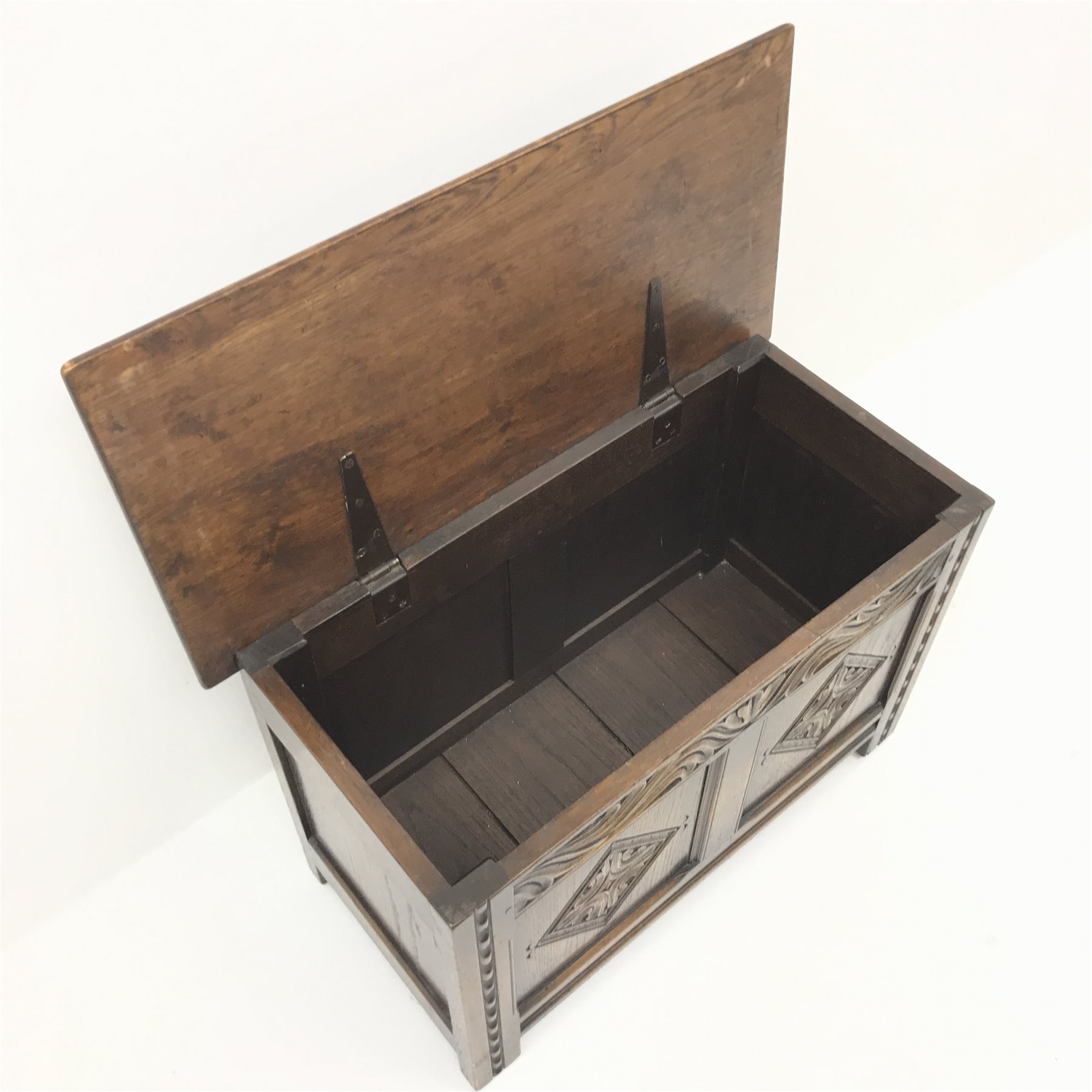 Small 20th century medium oak blanket box, single hinged lid, carved front stile supports, W76cm, H5 - Image 4 of 4