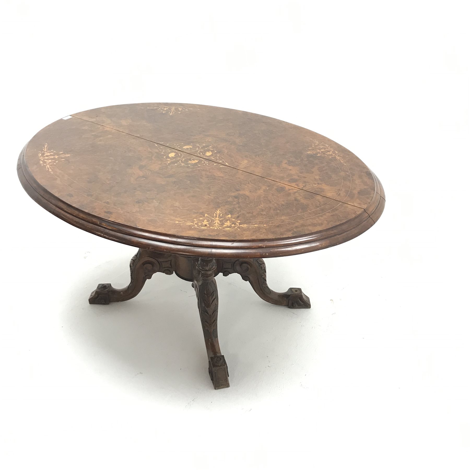 Victorian inlaid oval tilt top table, quadruple turned support with central finial on four acanthus - Image 3 of 6