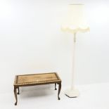 White standard lamp with shade (H158cm) and a carved wood coffee table