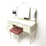 French style cream painted dressing table, raised mirror back, five drawers, cabriole supports (W124