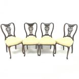 Set four late Victorian mahogany dining chairs, shaped, carved and pierced back, upholstered seat, c