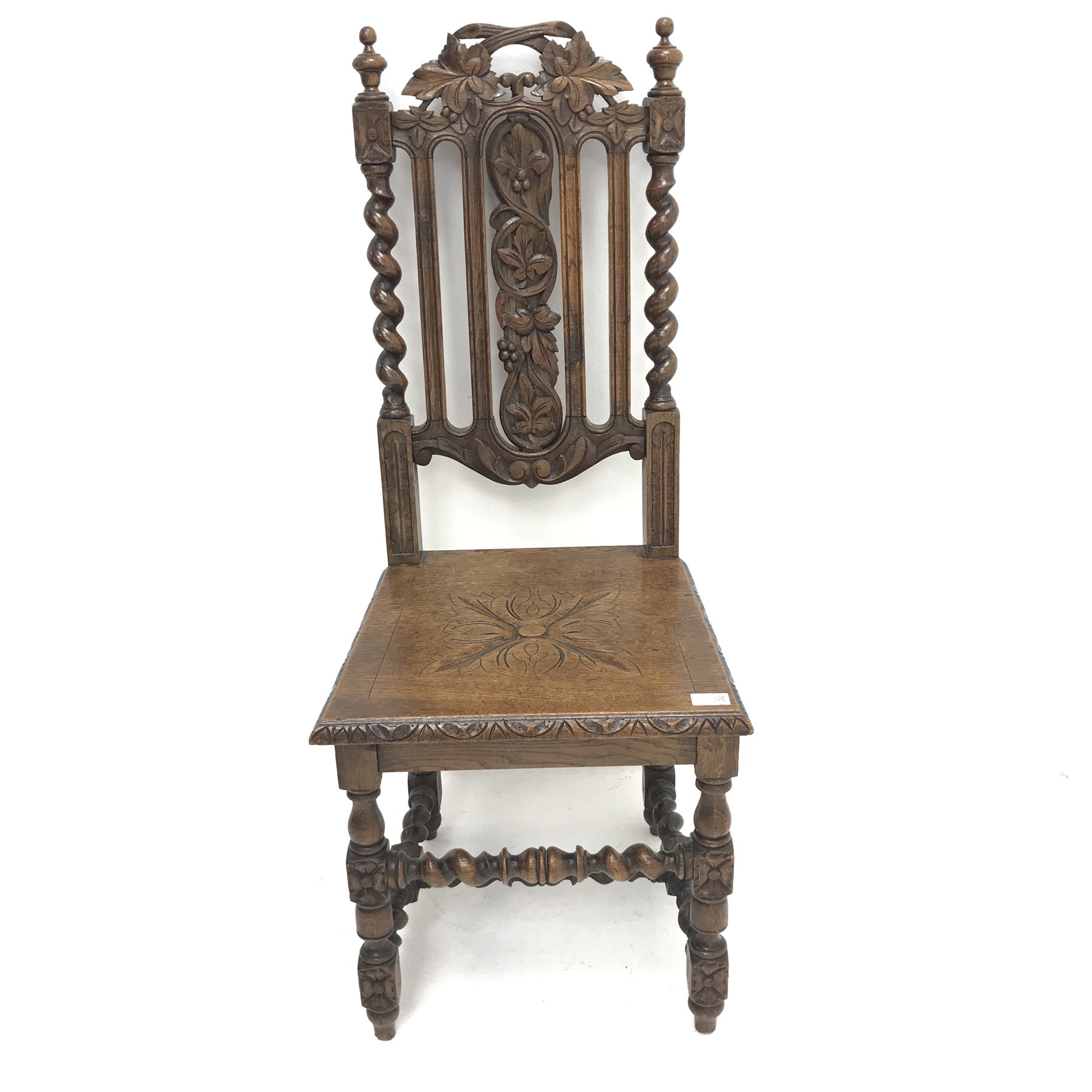 Victorian oak heavily carved hall chair, barley twist supports, solid seat (W46cm) and a small oak d - Image 5 of 6