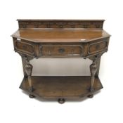 Early 20th century oak side table raised back, shaped front, single drawer, turned supports joined b