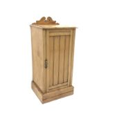 Edwardian satin walnut bedside cabinet, raised shaped back, single door, plinth base, W40cm, H86cm,